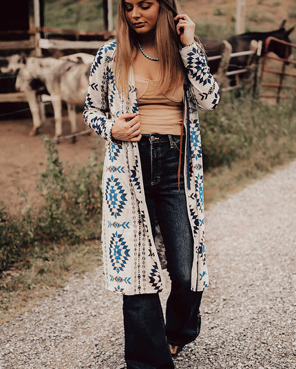 Sky Blue Western Aztec Printed Open Front Long Cardigan
