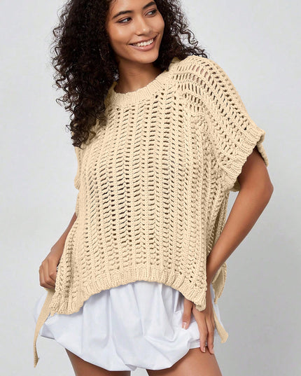 Pink Plus Size Open Knit Bow Tie Short Sleeve Sweater