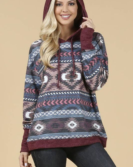 KC020-TANIA AZTEC PRINT COLOR BLOCK HOODIE