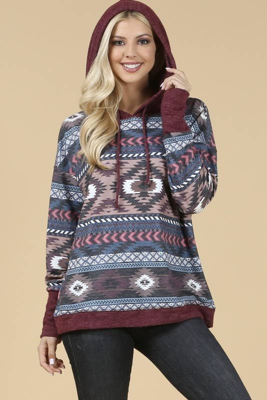 KC020-TANIA AZTEC PRINT COLOR BLOCK HOODIE