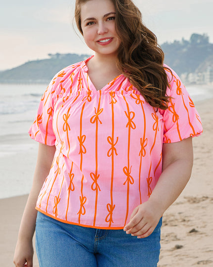 Rose Bowknot Print Shirred V Neck Puff Sleeve Plus Size Blouse