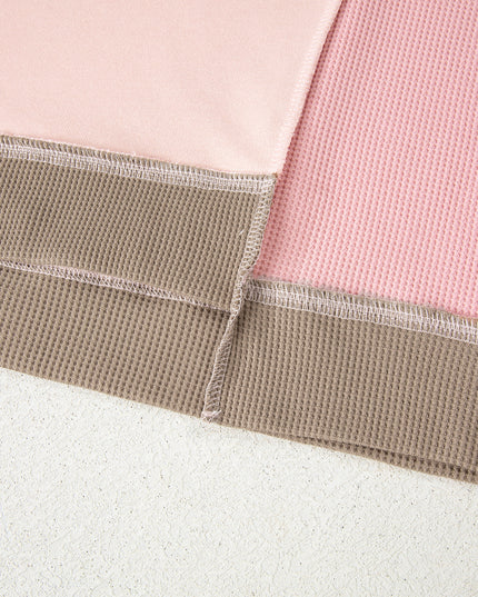 Light Pink Plus Color Block Waffle Patchwork Exposed Seam Baggy Sweatshirt