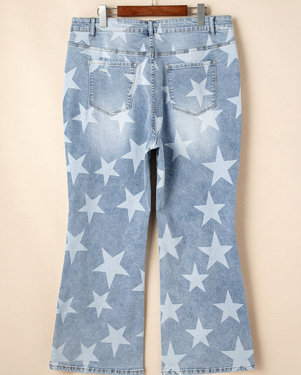 Sky Blue Star Printed Multi Buttons Slit Knee Destroyed Plus Size Jeans