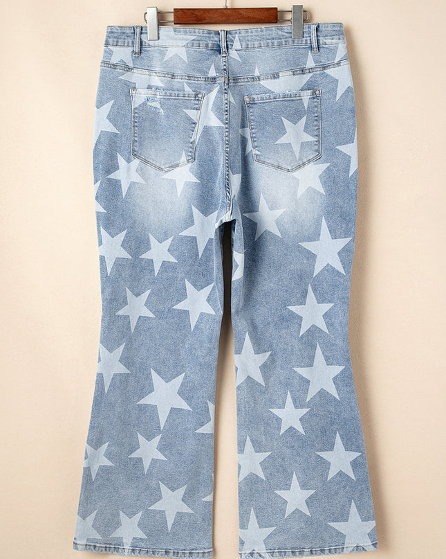 Sky Blue Star Printed Multi Buttons Slit Knee Destroyed Plus Size Jeans