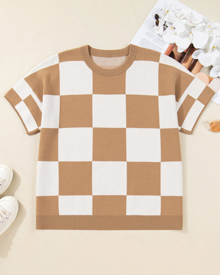 Light French Beige Plus Size Checkered Pattern Knit Short Sleeve Sweater