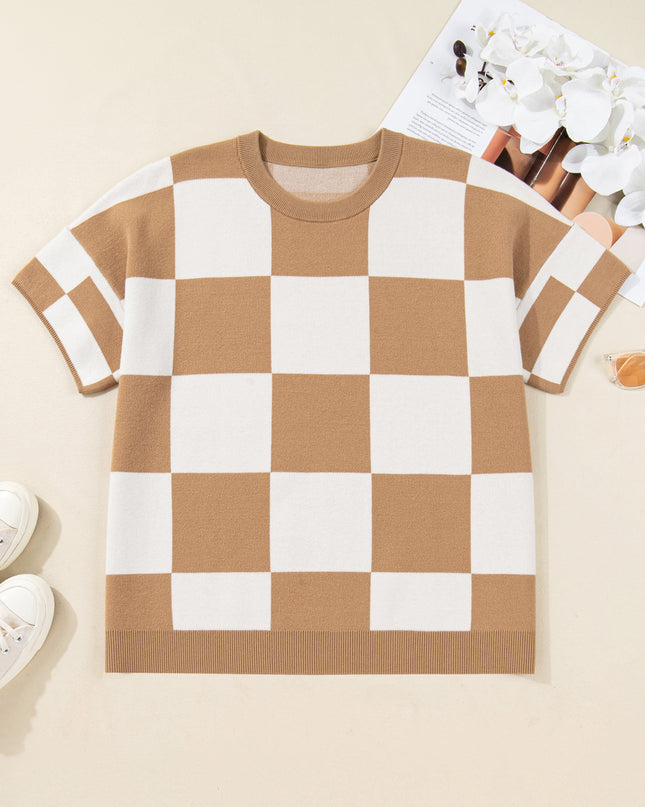 Light French Beige Plus Size Checkered Pattern Knit Short Sleeve Sweater