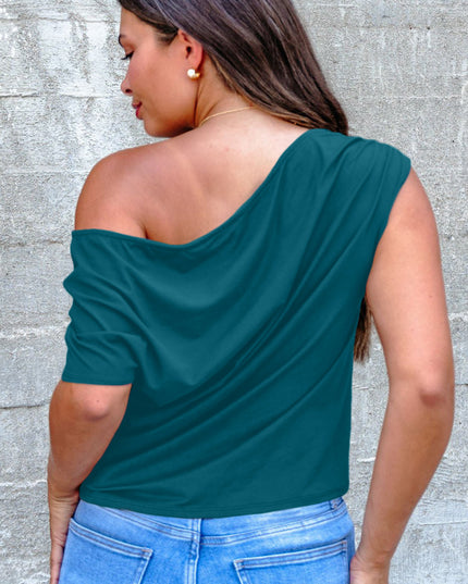 Black Plus Size Solid Color Asymmetric Neck Short Sleeve Blouse