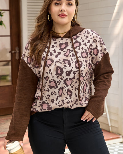 Brown Leopard Print Knit Patchwork Plus Hoodie