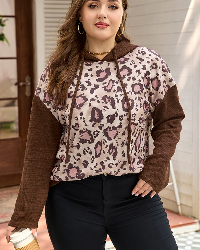 Brown Leopard Print Knit Patchwork Plus Hoodie
