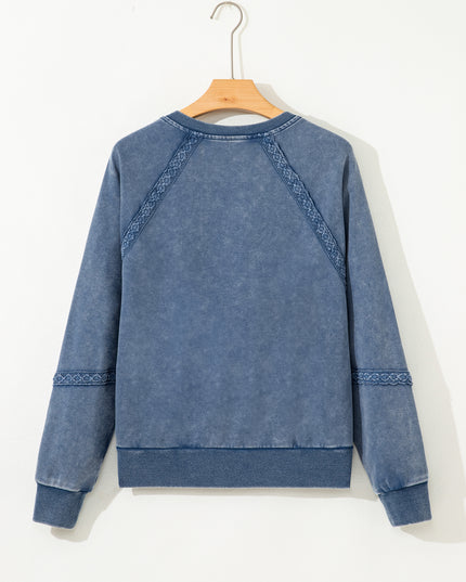 Sail Blue Lace Patchwork Detail Notched Neck Mineral Wash Baggy Sweatshirt
