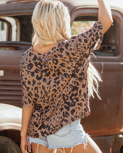 Brown Leopard Print V Neck Half Sleeve Oversized Tee