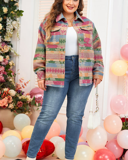 Pink Plus Size Aztec Printed Flap Pocket Shacket