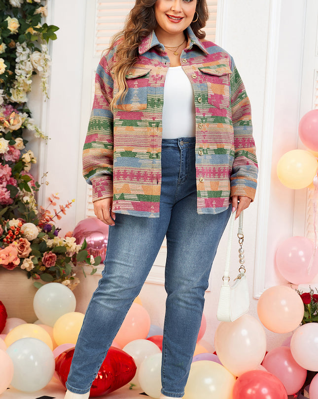 Pink Plus Size Aztec Printed Flap Pocket Shacket