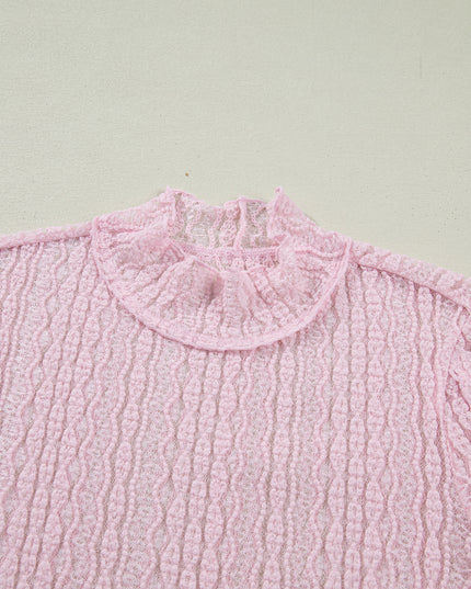 Light Pink Flounced Long Sleeve Mock Neck Sheer Lace Top