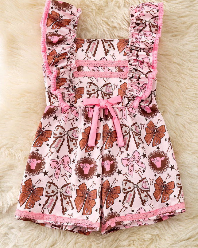 Coquette western bow printed pink & brown girls romper. PNG60128 SOL