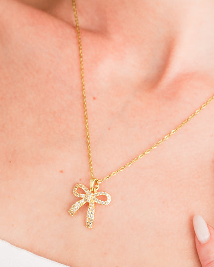 Gold Plated Rhinestone Bowknot Pendant Necklace
