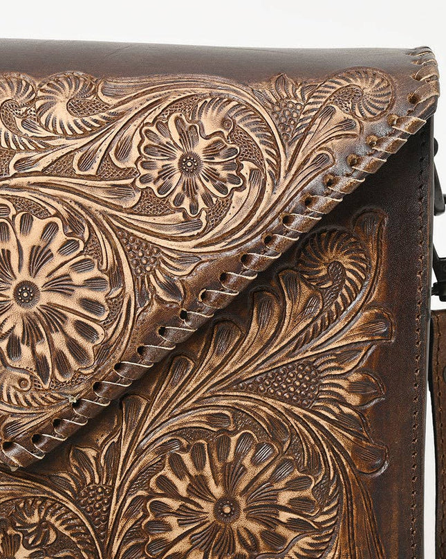ADBGZ754 Envelope Hand Tooled Leather Wallet Bag - Western Floral Whipstitch Purse