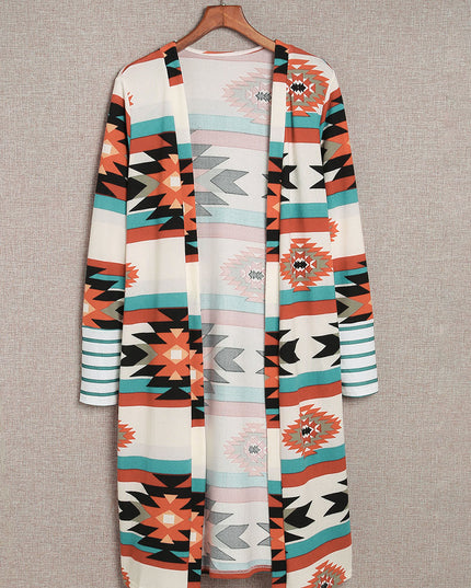 Multicolor Geometric Color Block Open Front Long Cardigan