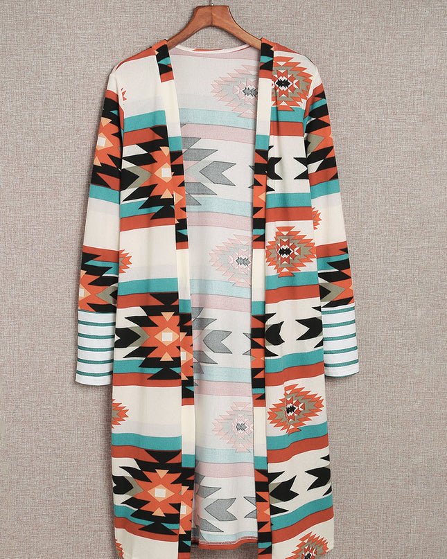 Multicolor Geometric Color Block Open Front Long Cardigan