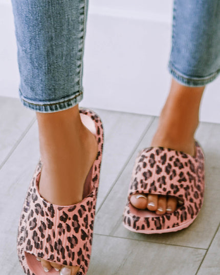 Pink Leopard Print Thick Sole Slip On Slippers