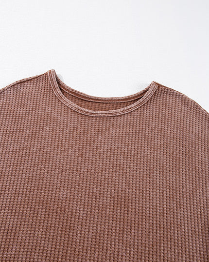 Coffee Waffle Knit Fringed High Low Loose Top