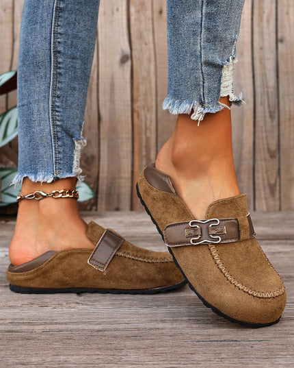 Khaki Faux Suede PU Leather Patchwork Retro Buckle Slip On Shoes
