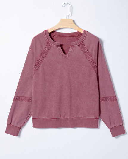 Sail Blue Lace Patchwork Detail Notched Neck Mineral Wash Baggy Sweatshirt