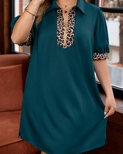 Sea Green Leopard Patchwork Detail Quarter Zip Collared Plus Size Mini Dress