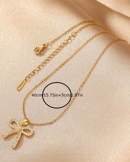 Gold Plated Rhinestone Bowknot Pendant Necklace