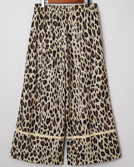 Khaki Exposed Seam Patched Pocket Plus Size Drawstring Leopard Wide Leg Pants