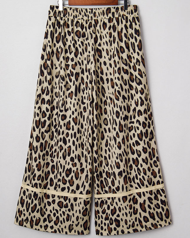 Khaki Exposed Seam Patched Pocket Plus Size Drawstring Leopard Wide Leg Pants