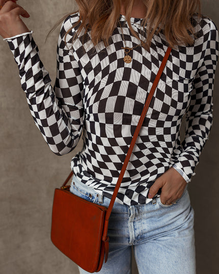 Black Checkered Pattern Mesh Mock Neck Long Sleeve Top