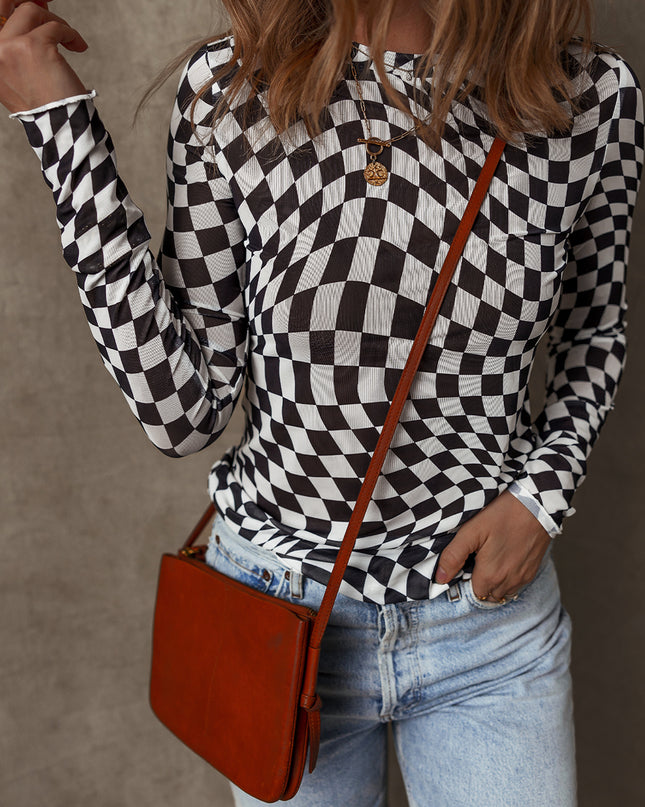 Black Checkered Pattern Mesh Mock Neck Long Sleeve Top
