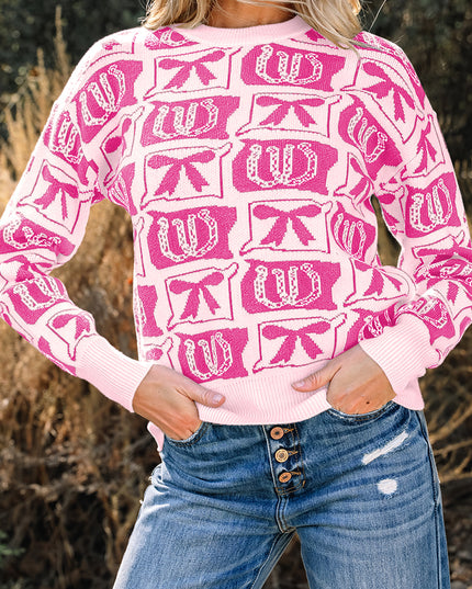 Pink Bows & Horseshoes Pattern Western Fashion Print Sweater