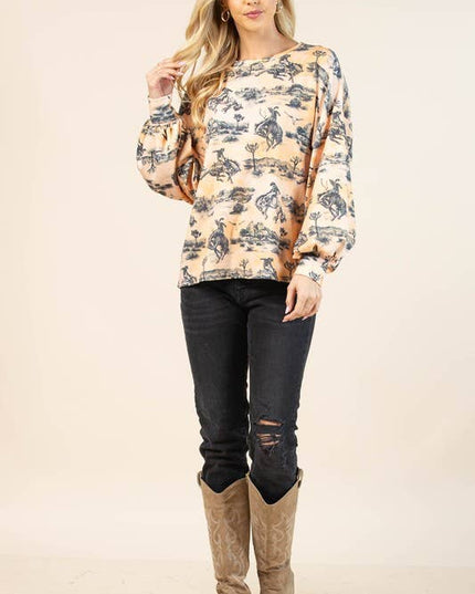 AV1171-JADEN WESTERN BUCKING HORSES PRINT SWEATSHIRT