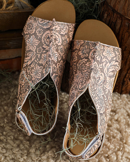 Brown Vintage Floral Leather Rivet Hollowed Platform Sandals