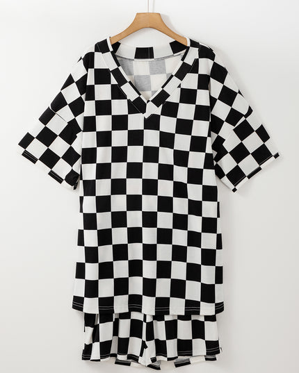 Black Checkered Pattern Tee and Shorts Plus Size Two Piece Set