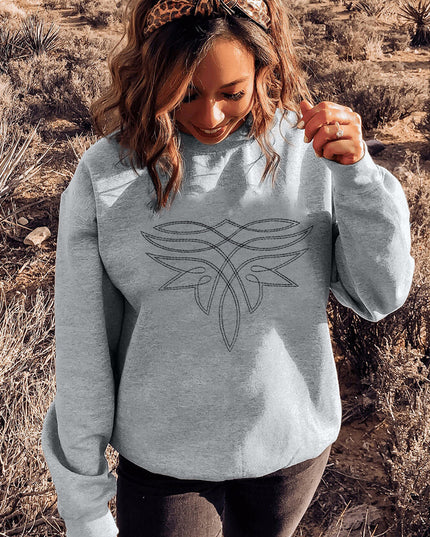 Gray Western Pattern Embroidered Drop Shoulder Pullover Top