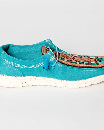 LC-ADFT133TR8 Women's Turquoise Canvas Tooled Leather Loafers - American Darling Western Inlay Slip-Ons