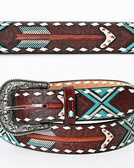 LC-ADBLF104 Hand-Tooled Arrow & Tribal Pattern Western Leather Belt with Engraved Buckle