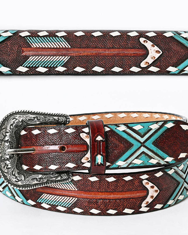 LC-ADBLF104 Hand-Tooled Arrow & Tribal Pattern Western Leather Belt with Engraved Buckle