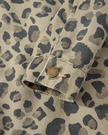 Khaki Retro Leopard Print Seam Detail Button Down Denim Jacket