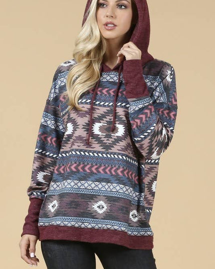 KC020-TANIA AZTEC PRINT COLOR BLOCK HOODIE