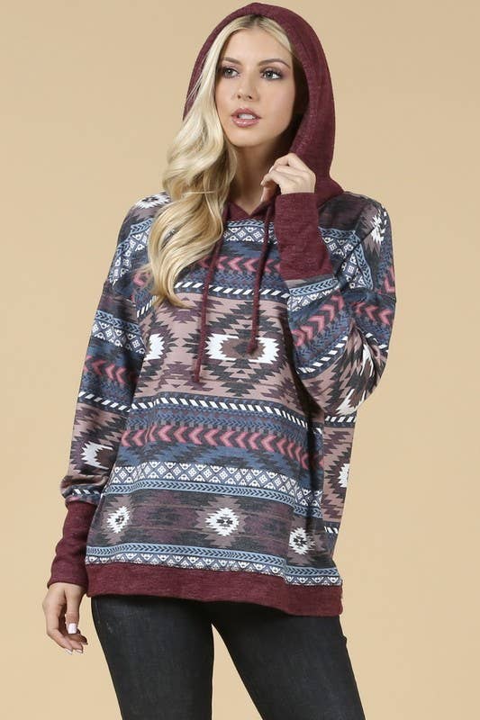 KC020-TANIA AZTEC PRINT COLOR BLOCK HOODIE