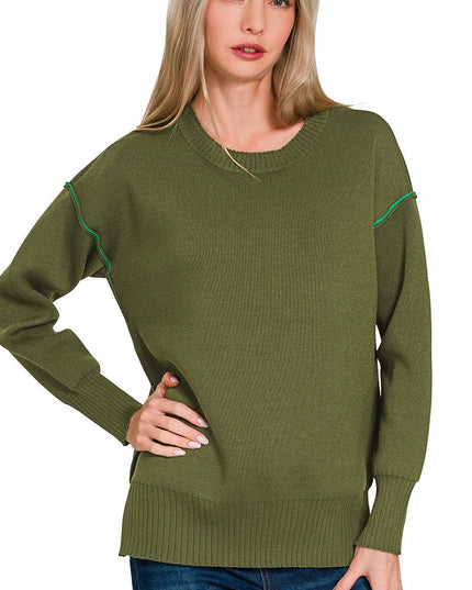 0805 Round Neck Contrast Trim Sweater SI-28343 Zenana
