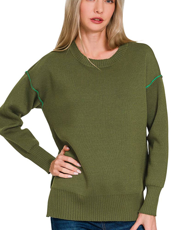 0805 Round Neck Contrast Trim Sweater SI-28343 Zenana