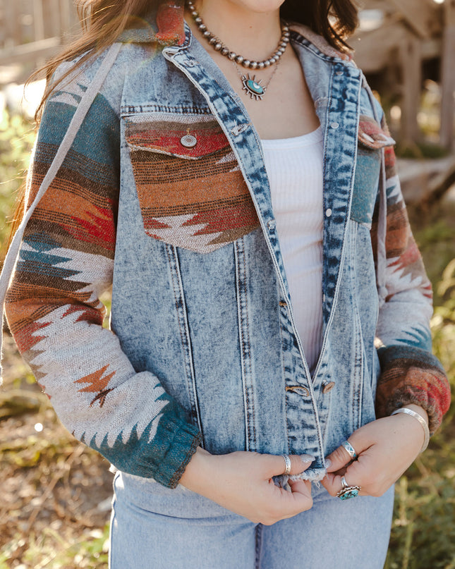 Multicolor Aztec Print Frayed Hem Denim Jacket