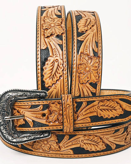 ADBLF225 Black & Tan Hand Tooled Leather Western Belt with Silver Buckle