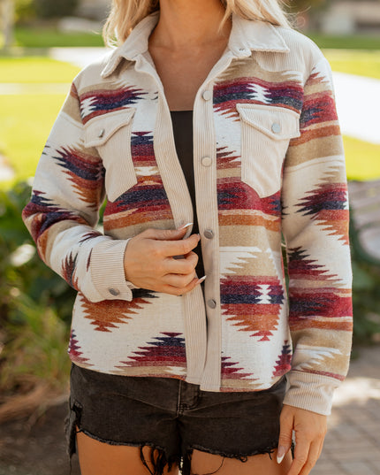 Multicolour Western Aztec Ribbed Patchwork Double Flap Pocket Raw Hem Shacket