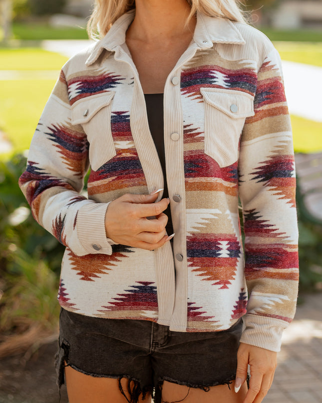Multicolour Western Aztec Ribbed Patchwork Double Flap Pocket Raw Hem Shacket